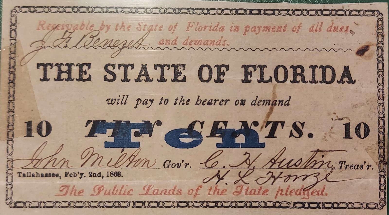 Аверс банкноты 10 центов State of Florida; 3rd issue (Соединенные Штаты Америки) 1868 года