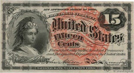 Аверс банкноты 15 центов «Fractional Currency» — 4th series (Соединенные Штаты Америки) 1863 года