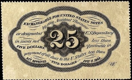 Реверс банкноты 25 центов «Postage Currency» — 1st issue (Соединенные Штаты Америки) 1862 года