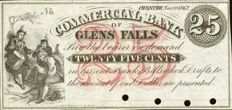 Аверс банкноты 25 центов Commercial Bank of Glens Falls (Соединенные Штаты Америки) 1862 года