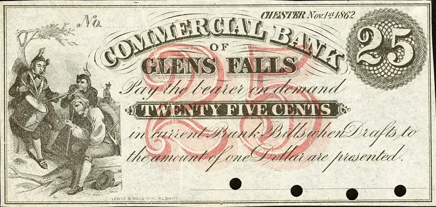 Аверс банкноты 25 центов Commercial Bank of Glens Falls (Соединенные Штаты Америки) 1862 года