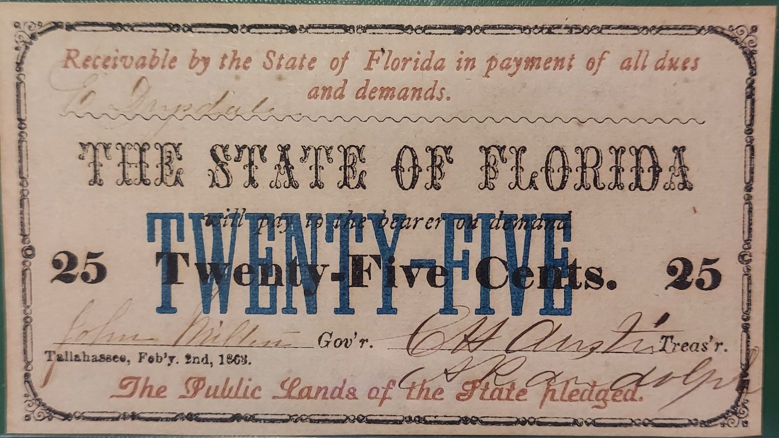 Аверс банкноты 25 центов State of Florida; 3rd issue (Соединенные Штаты Америки) 1868 года