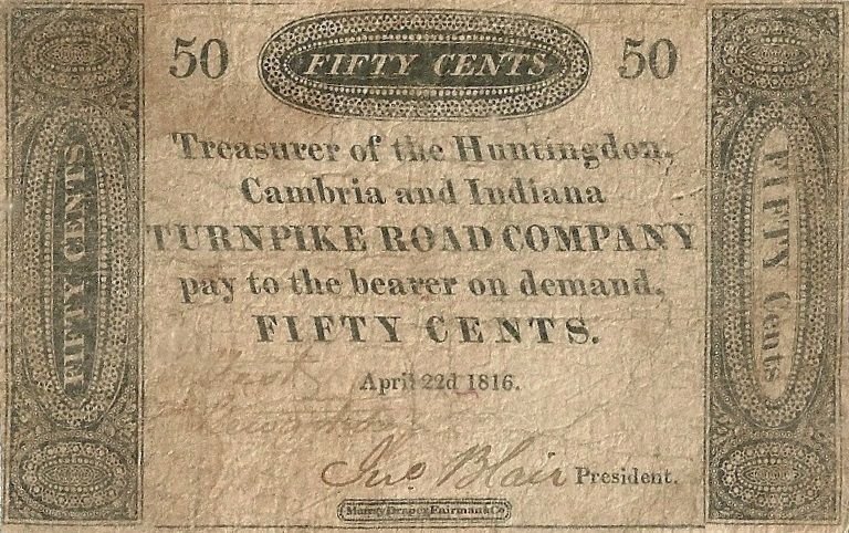 Аверс банкноты 50 центов Huntingdon, Cambria and Indiana Turnpike Road Company (Соединенные Штаты Америки) 1816 года