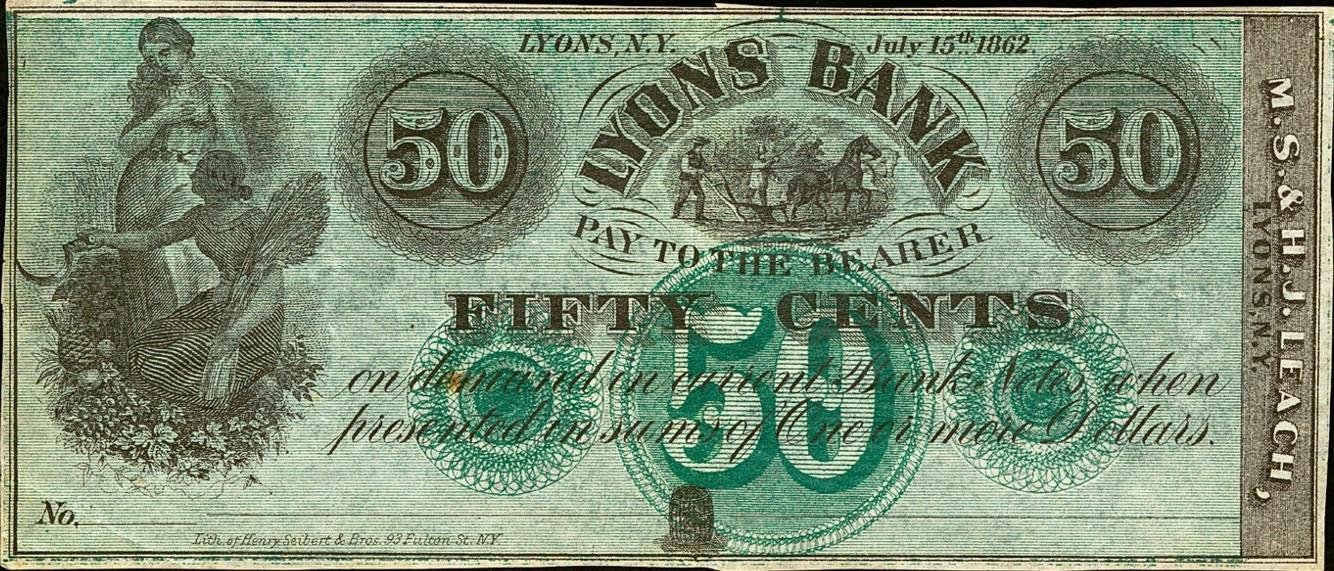 Аверс банкноты 50 центов Lyons Bank (Соединенные Штаты Америки) 1862 года