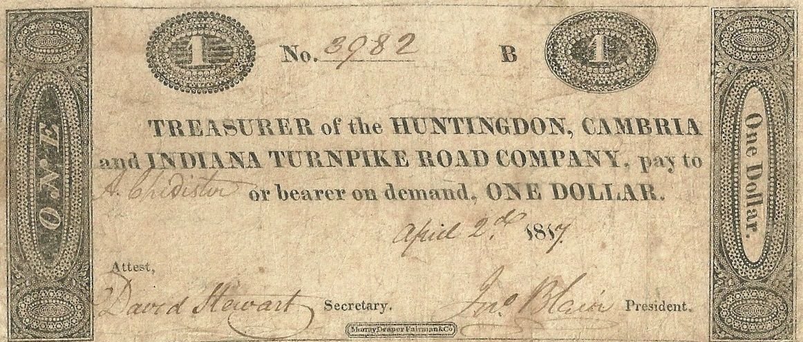 Аверс банкноты 1 доллар Huntingdon, Cambria and Indiana Turnpike Road Company (Соединенные Штаты Америки) 1817 года