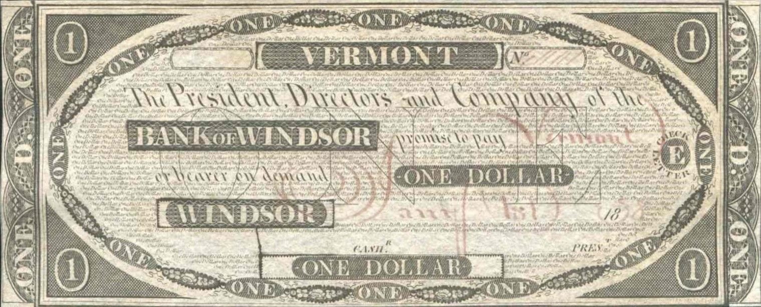 Аверс банкноты 1 доллар Bank of Windsor - Vermont (Соединенные Штаты Америки) 1830 года