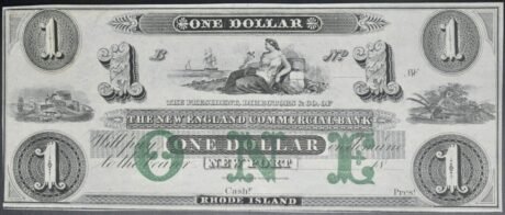 Аверс банкноты 1 доллар New England Commercial Bank - Rhode Island (Соединенные Штаты Америки) 1850 года