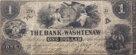 Аверс банкноты 1 доллар Bank of Washtenaw (Соединенные Штаты Америки) 1854 года