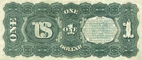 Реверс банкноты 1 доллар United States Treasury; «Rainbow Note» (Соединенные Штаты Америки) 1869 года