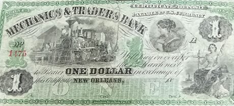 Аверс банкноты 1 доллар Mechanics & Traders Bank (Соединенные Штаты Америки) 1873 года