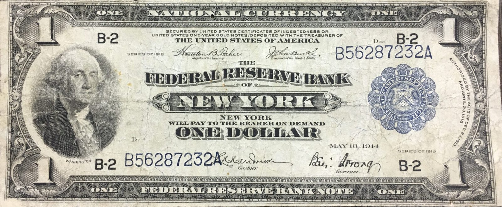 Аверс банкноты 1 доллар Large-Size Federal Reserve Bank Note (Соединенные Штаты Америки) 1918 года