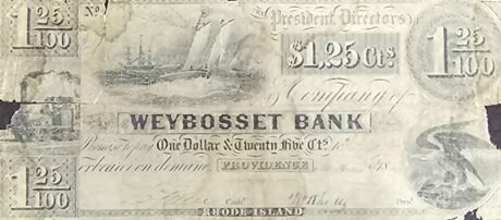 Аверс банкноты 1 доллар 25 центов Weybosset Bank (Соединенные Штаты Америки) 1853 года