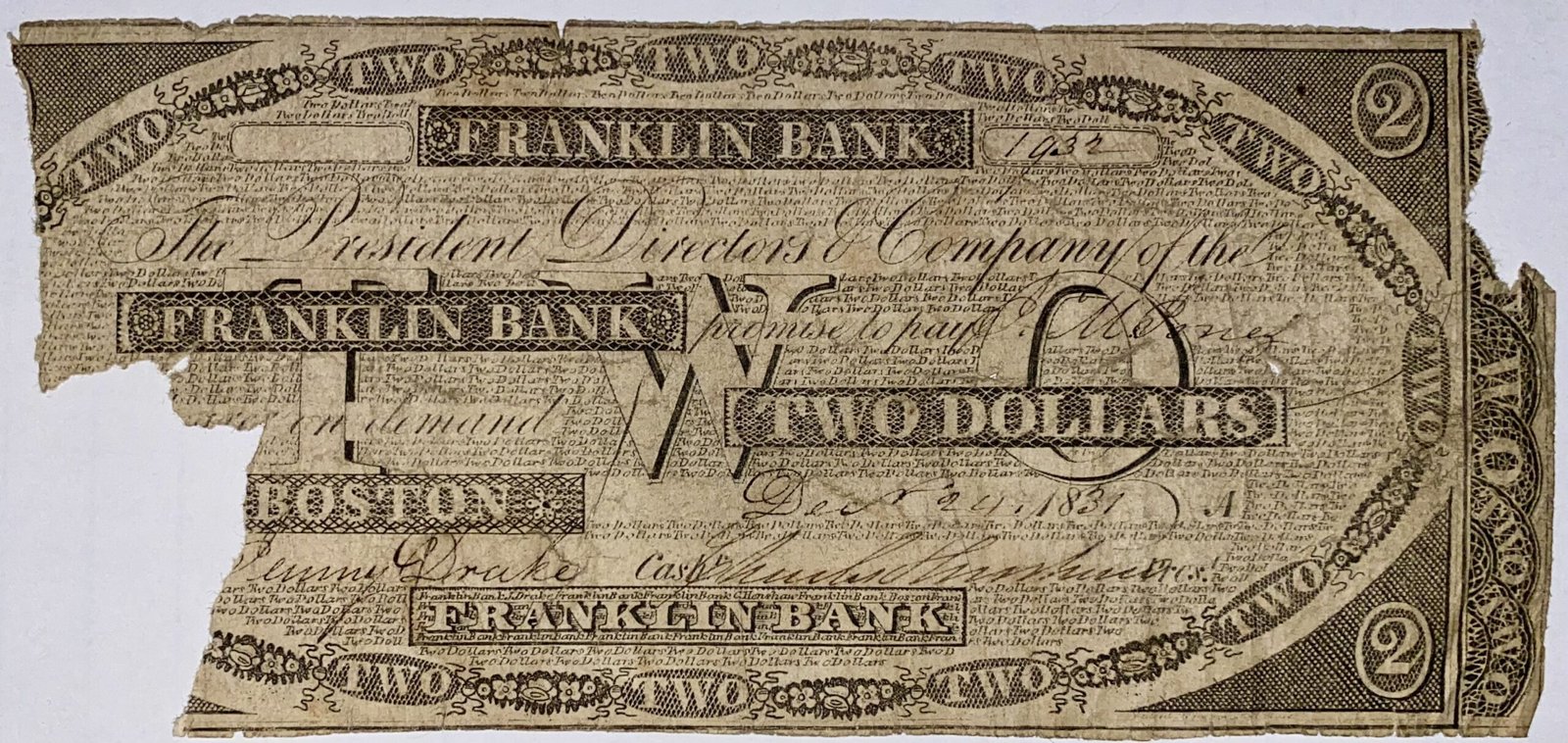 Аверс банкноты 2 долларов Franklin Bank (Соединенные Штаты Америки) 1831 года