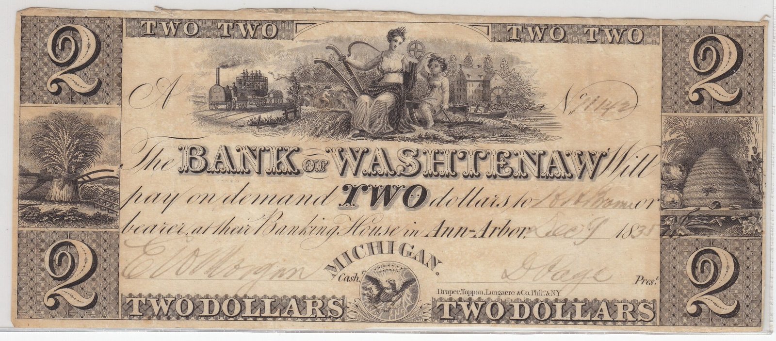 Аверс банкноты 2 долларов Bank of Washtenaw (Соединенные Штаты Америки) 1835 года