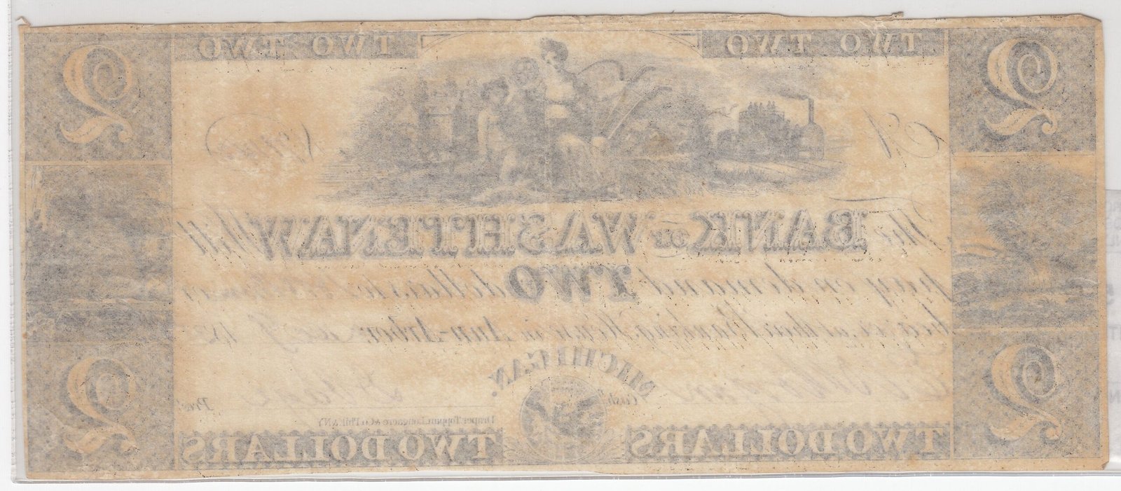 Реверс банкноты 2 долларов Bank of Washtenaw (Соединенные Штаты Америки) 1835 года