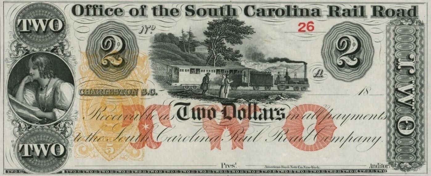 Аверс банкноты 2 долларов South Carolina Rail Road (Соединенные Штаты Америки) 1840 года