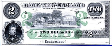 Аверс банкноты 2 долларов Bank of New-England at Goodspeed's Landing - Connecticut (Соединенные Штаты Америки) 1853 года