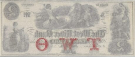 Реверс банкноты 2 долларов West River Bank - Vermont (Соединенные Штаты Америки) 1860 года