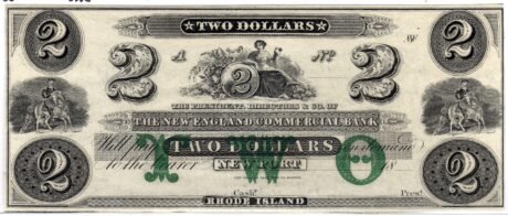 Аверс банкноты 2 долларов New England Commercial Bank - Rhode Island (Соединенные Штаты Америки) 1864 года