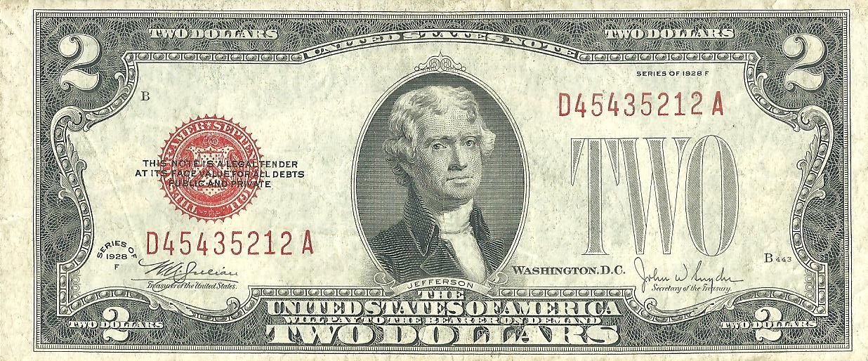 Аверс банкноты 2 долларов United States Note; Red Seal left (Соединенные Штаты Америки) 1928 года