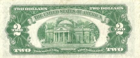 Реверс банкноты 2 долларов United States Note; Red Seal left (Соединенные Штаты Америки) 1928 года