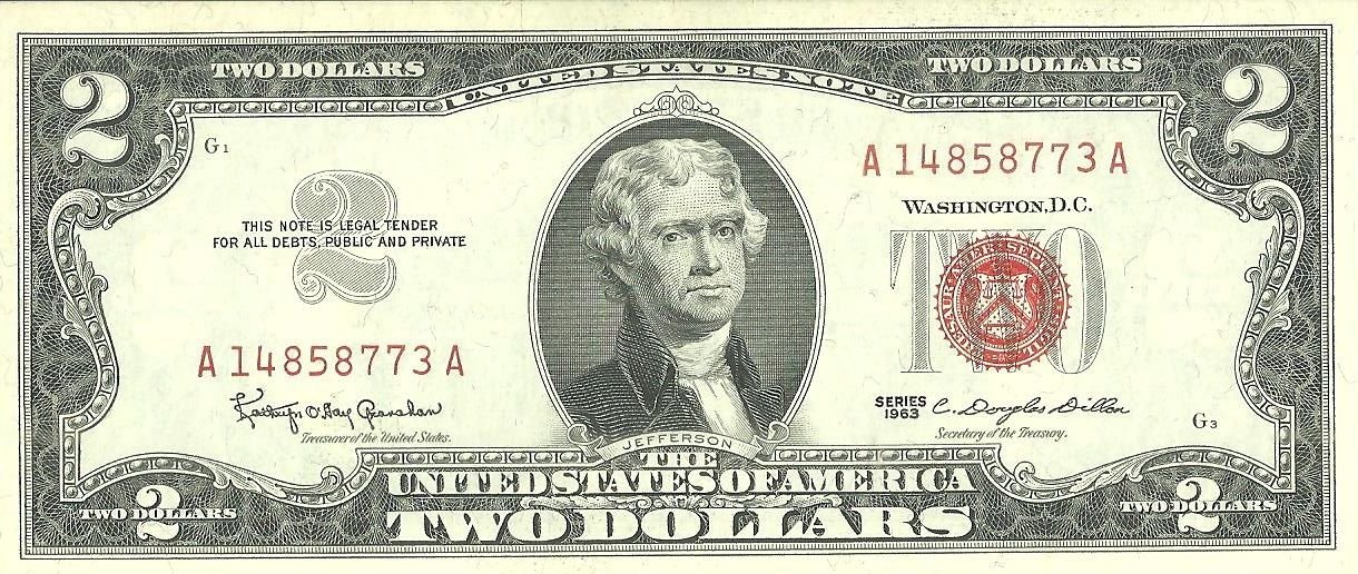 Аверс банкноты 2 долларов United States Note; Red Seal right; with motto (Соединенные Штаты Америки) 1963 года