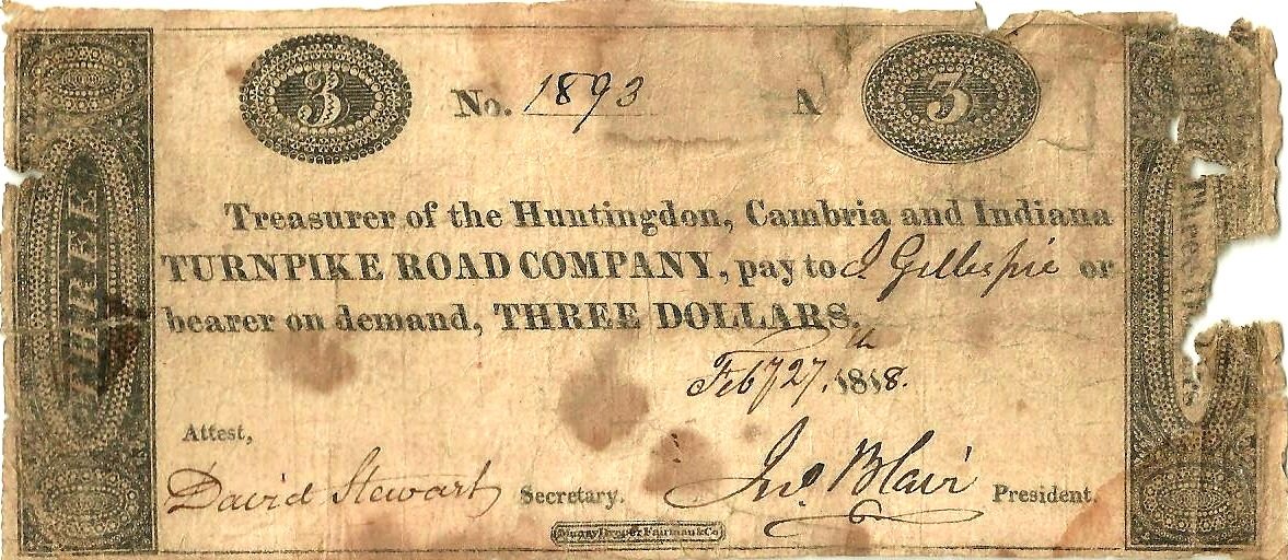 Аверс банкноты 3 долларов Huntingdon, Cambria and Indiana Turnpike Road Company (Соединенные Штаты Америки) 1818 года