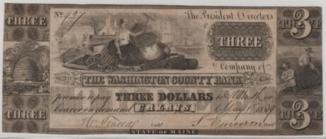 Аверс банкноты 3 долларов Washington County Bank — Maine (Соединенные Штаты Америки) 1834 года