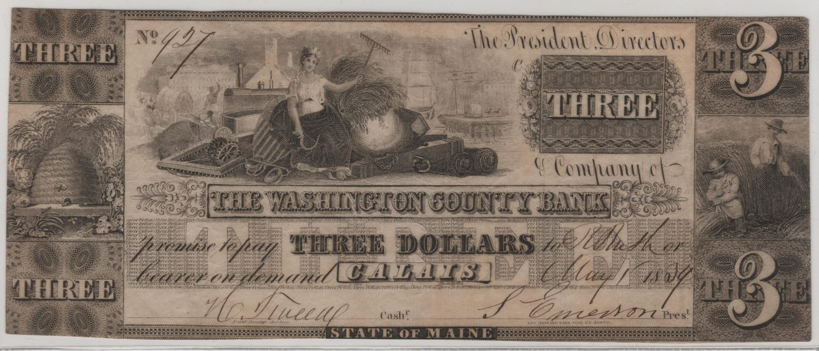 Аверс банкноты 3 долларов Washington County Bank - Maine (Соединенные Штаты Америки) 1834 года