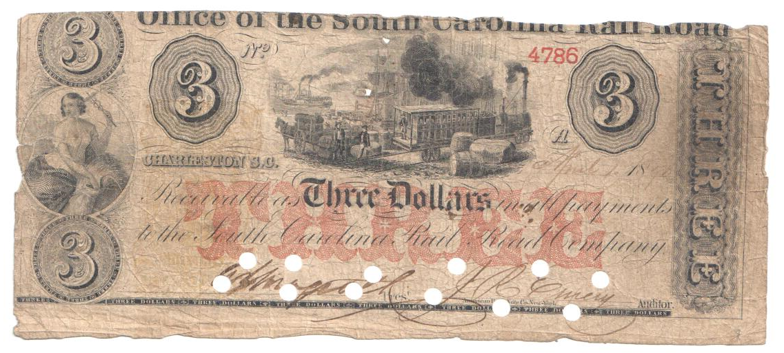 Аверс банкноты 3 долларов South Carolina Rail Road (Соединенные Штаты Америки) 1840 года