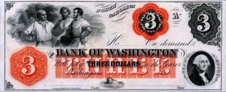 Аверс банкноты 3 долларов Bank of Washington - North Carolina (Соединенные Штаты Америки) 1851 года