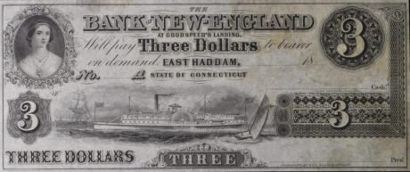 Аверс банкноты 3 долларов Bank of New-England at Goodspeed's Landing — Connecticut (Соединенные Штаты Америки) 1853 года