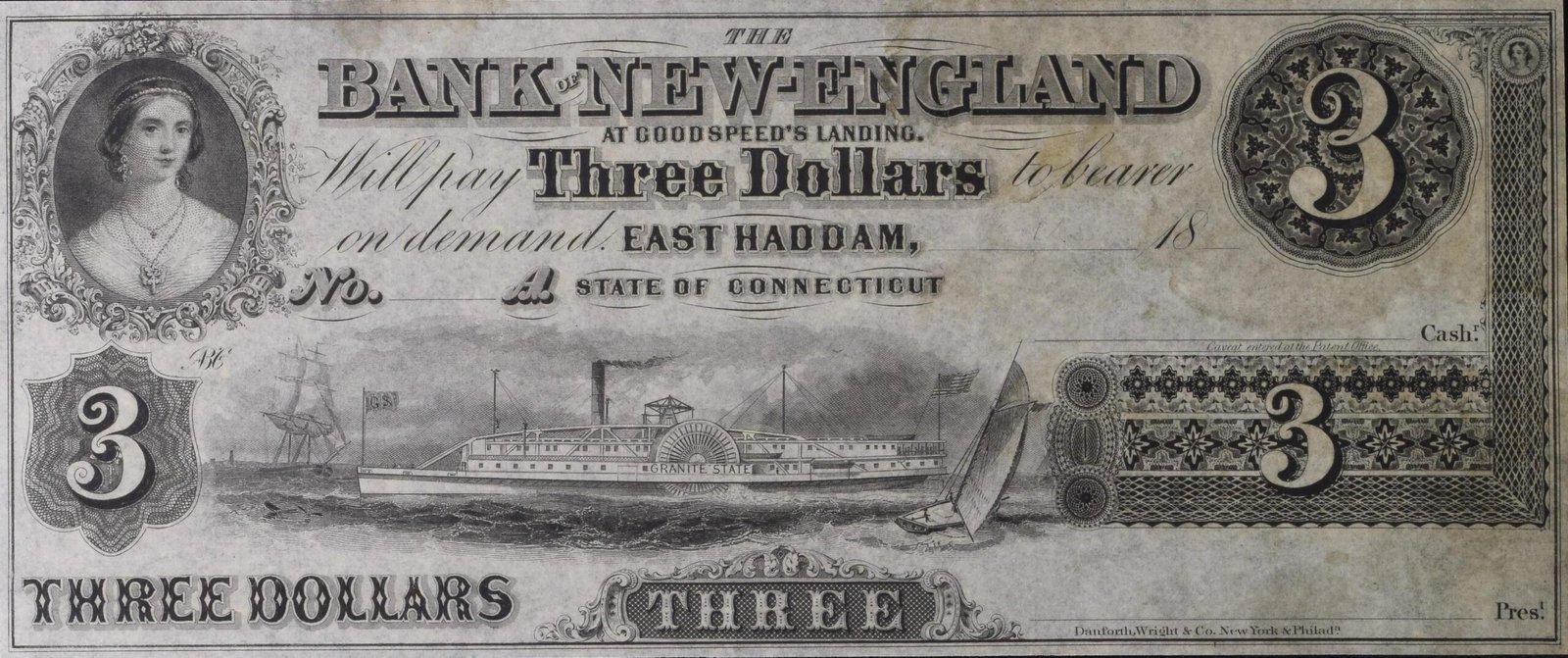 Аверс банкноты 3 долларов Bank of New-England at Goodspeed's Landing - Connecticut (Соединенные Штаты Америки) 1853 года