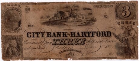 Аверс банкноты 3 долларов City Bank of Hartford - Connecticut (Соединенные Штаты Америки) 1854 года