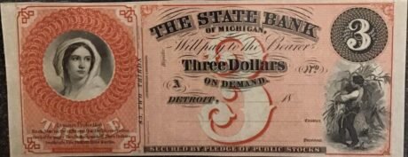 Аверс банкноты 3 долларов State Bank of Michigan (Соединенные Штаты Америки) 1859 года
