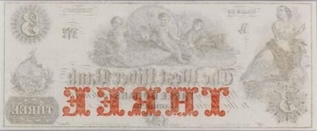Реверс банкноты 3 долларов West River Bank - Vermont (Соединенные Штаты Америки) 1860 года