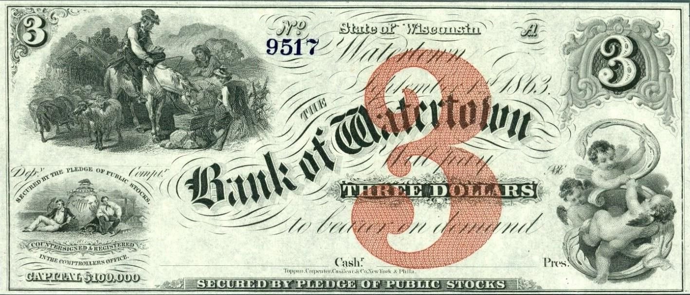 Аверс банкноты 3 долларов Bank of Watertown (Соединенные Штаты Америки) 1863 года