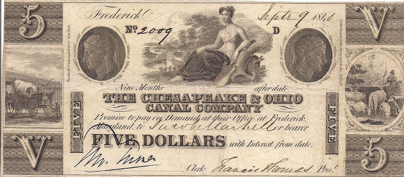 Аверс банкноты 5 долларов Chesapeake and Ohio Canal Company (Соединенные Штаты Америки) 1840 года