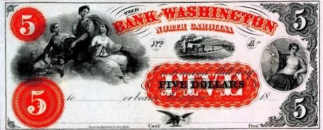 Аверс банкноты 5 долларов Bank of Washington - North Carolina (Соединенные Штаты Америки) 1850 года