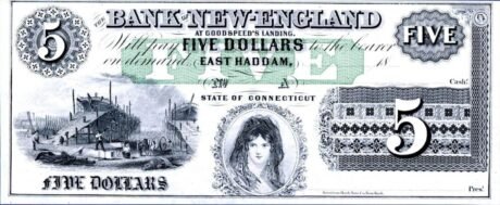 Аверс банкноты 5 долларов Bank of New-England at Goodspeed's Landing - Connecticut (Соединенные Штаты Америки) 1853 года