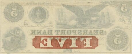 Реверс банкноты 5 долларов Searsport Bank - Maine (Соединенные Штаты Америки) 1853 года