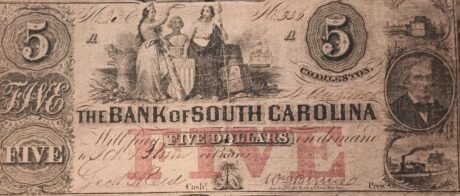 Аверс банкноты 5 долларов The Bank of South Carolina (Соединенные Штаты Америки) 1855 года