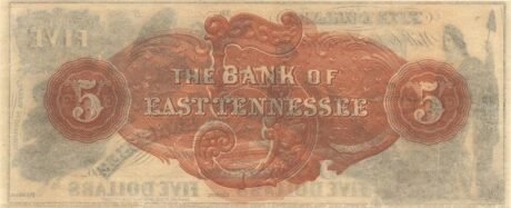 Реверс банкноты 5 dolarów Bank of East Tennessee (Stany Zjednoczone Ameryki) 1855
