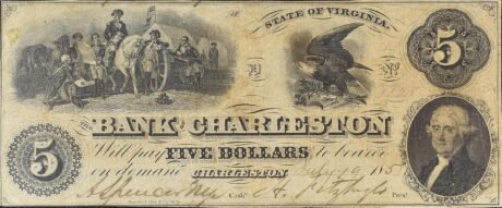 Аверс банкноты 5 dolarów Bank of Charleston - Wirginia (Stany Zjednoczone Ameryki) 1858