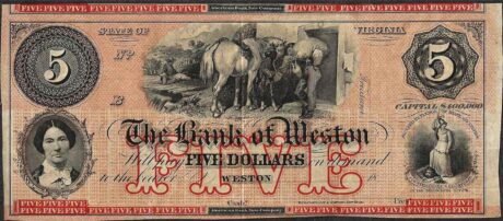 Аверс банкноты 5 долларов Bank of Weston - Virginia (Соединенные Штаты Америки) 1859 года