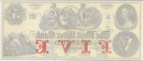 Реверс банкноты 5 долларов West River Bank - Vermont (Соединенные Штаты Америки) 1860 года