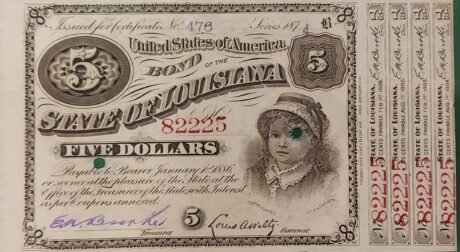 Аверс банкноты 5 долларов U.S.A. Bond of the State of Louisiana (Соединенные Штаты Америки) 1880 года