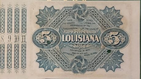 Реверс банкноты 5 долларов U.S.A. Bond of the State of Louisiana (Соединенные Штаты Америки) 1880 года