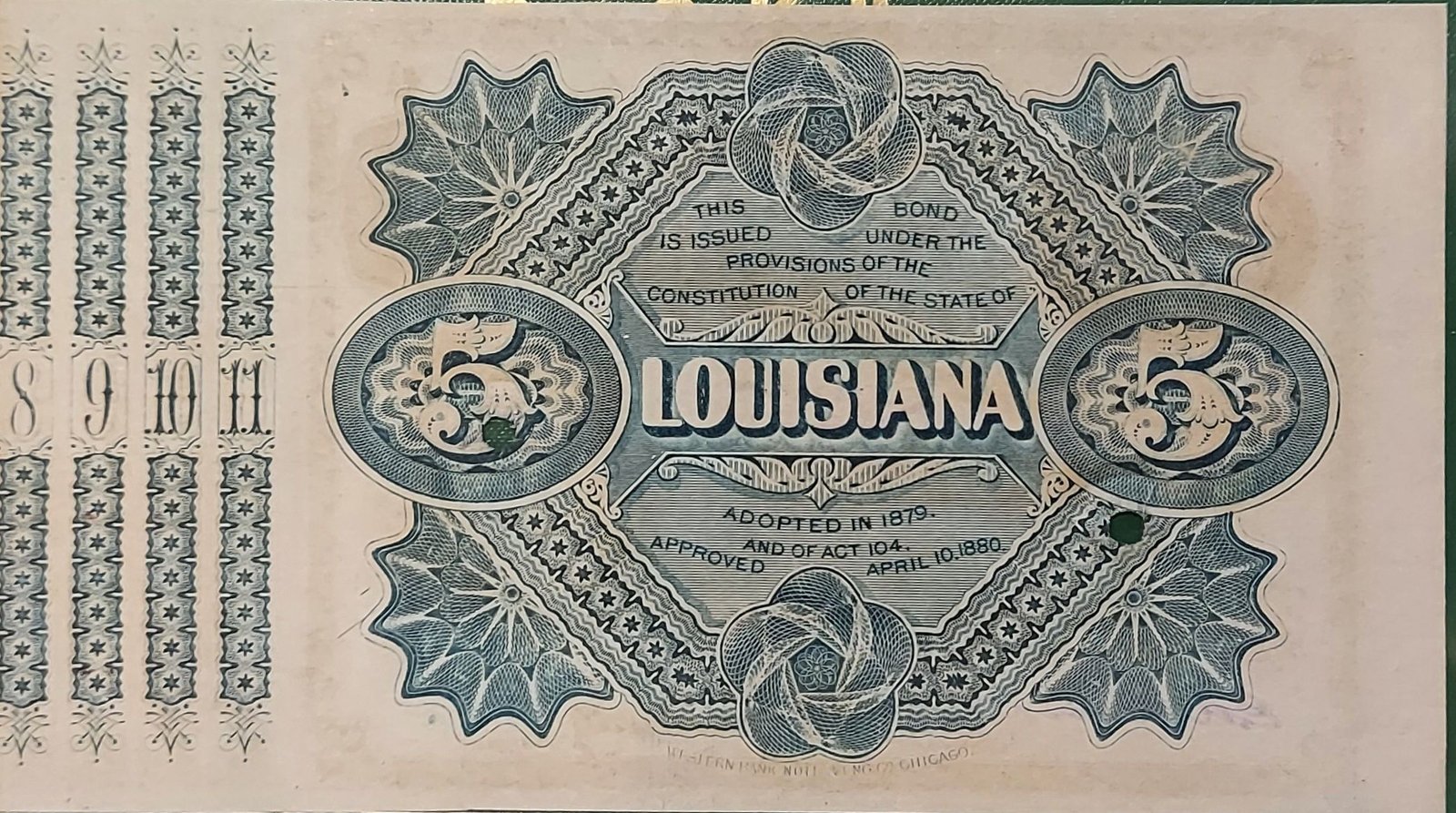 Реверс банкноты 5 долларов U.S.A. Bond of the State of Louisiana (Соединенные Штаты Америки) 1880 года