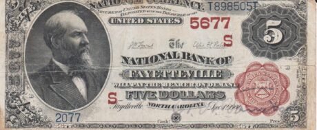 Аверс банкноты 5 долларов National Bank Note; «Brown Back» (Соединенные Штаты Америки) 1882 года